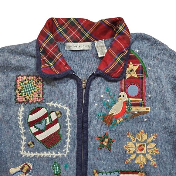 Victoria Jones Xmas Cardigan Ugly Sweater Blue Full Zip Size L Angora Rabbit - Picture 8 of 10
